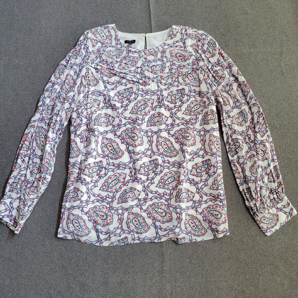 Talbots L Red White Blue Paisley Print Ruffle Long Sleeve Blouse 1533 - Picture 1 of 10